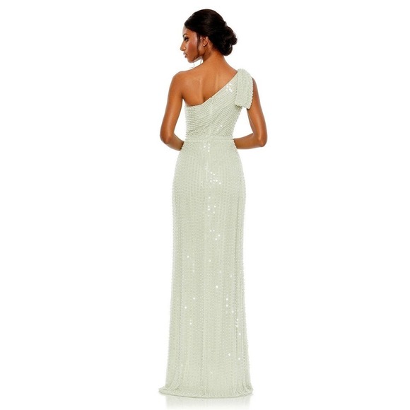 Mac Duggal Pearl Embellished Soft Tie One Shoulder Gown Mint Green Size 10 NWOT - Picture 4 of 12
